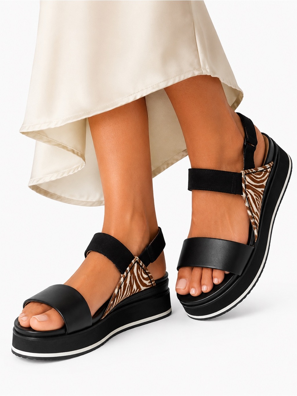 Naked Feet Black Platform Sandals with leather suede Zebra-Print Accent Size 10M
